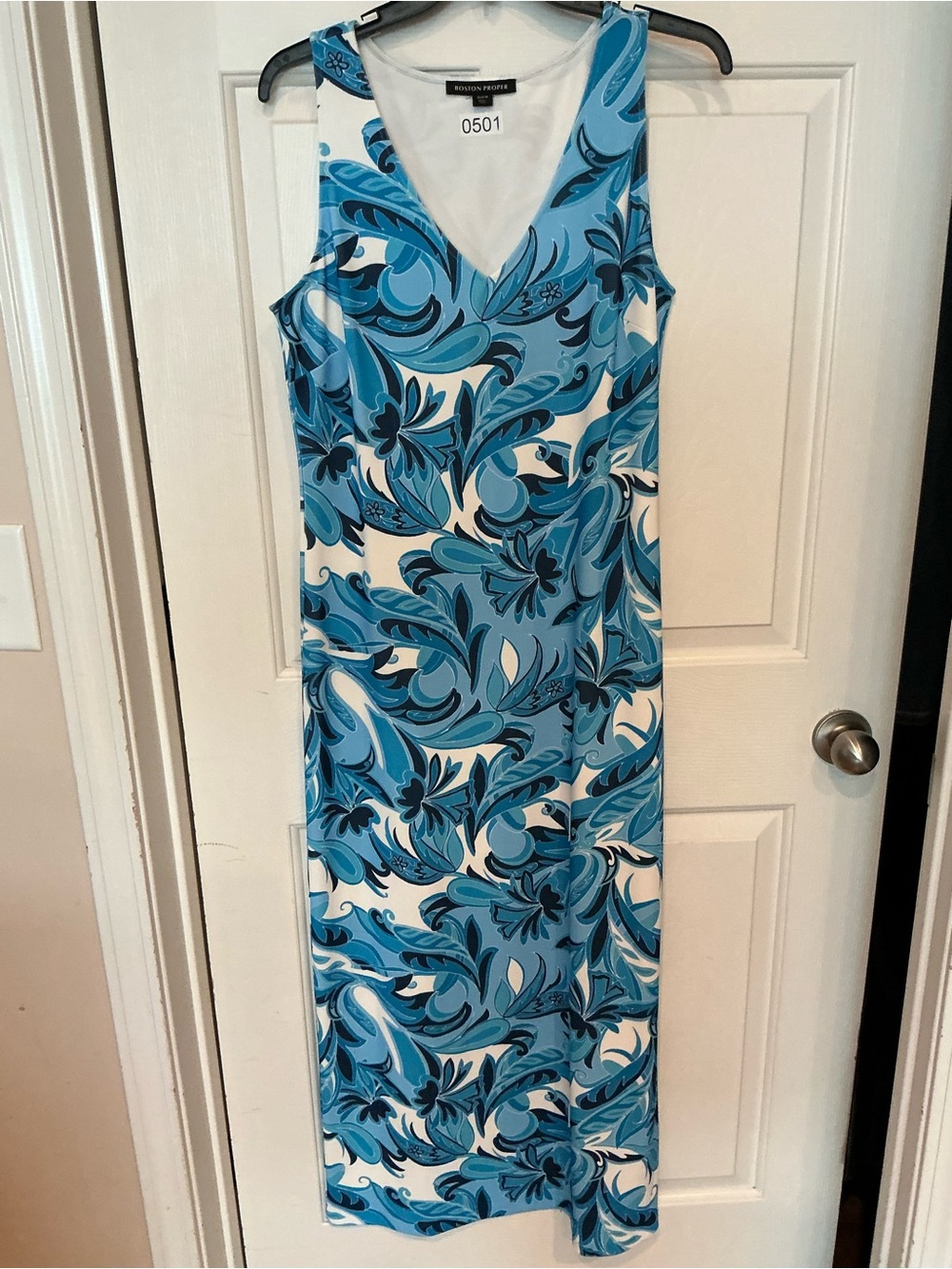 Boston Proper Blue & White Printed V-Neck Maxi Dress